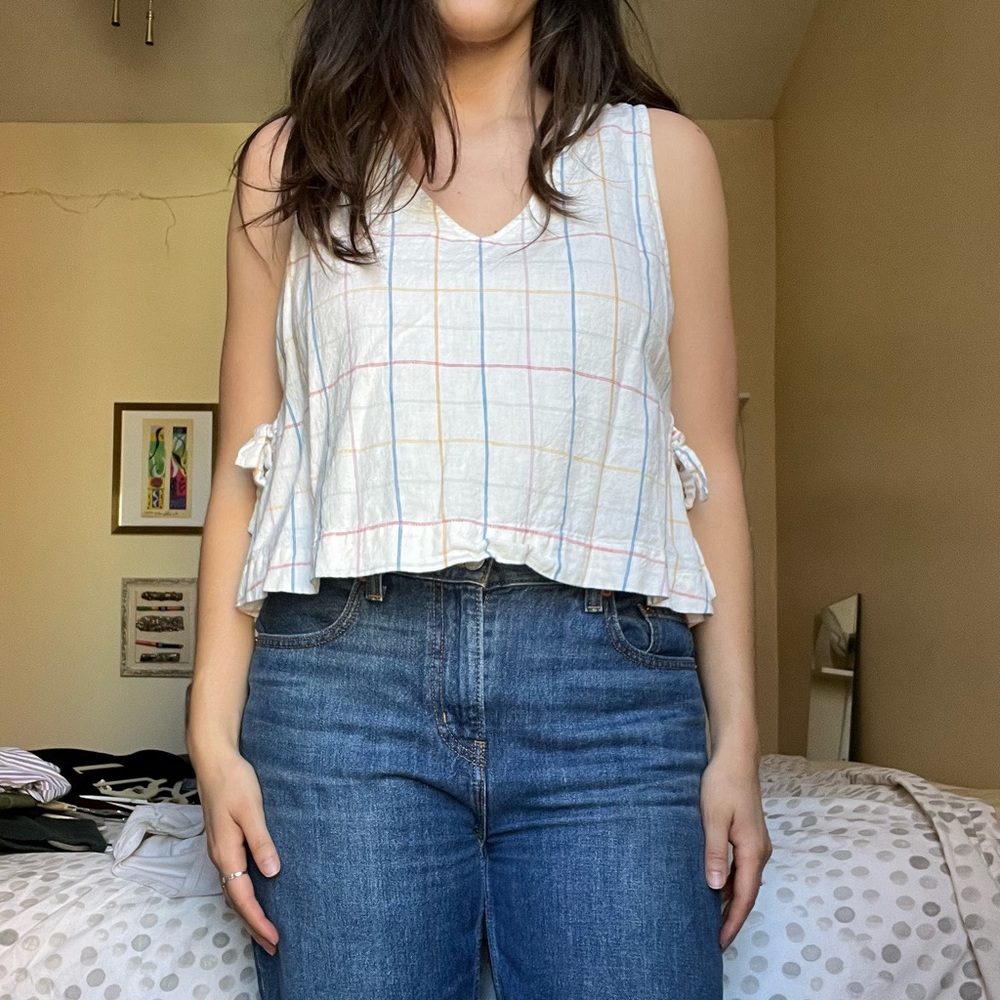 Madewell Linen/Cotton White Windowpane Summer Top w/ Adjustable Side-Ties